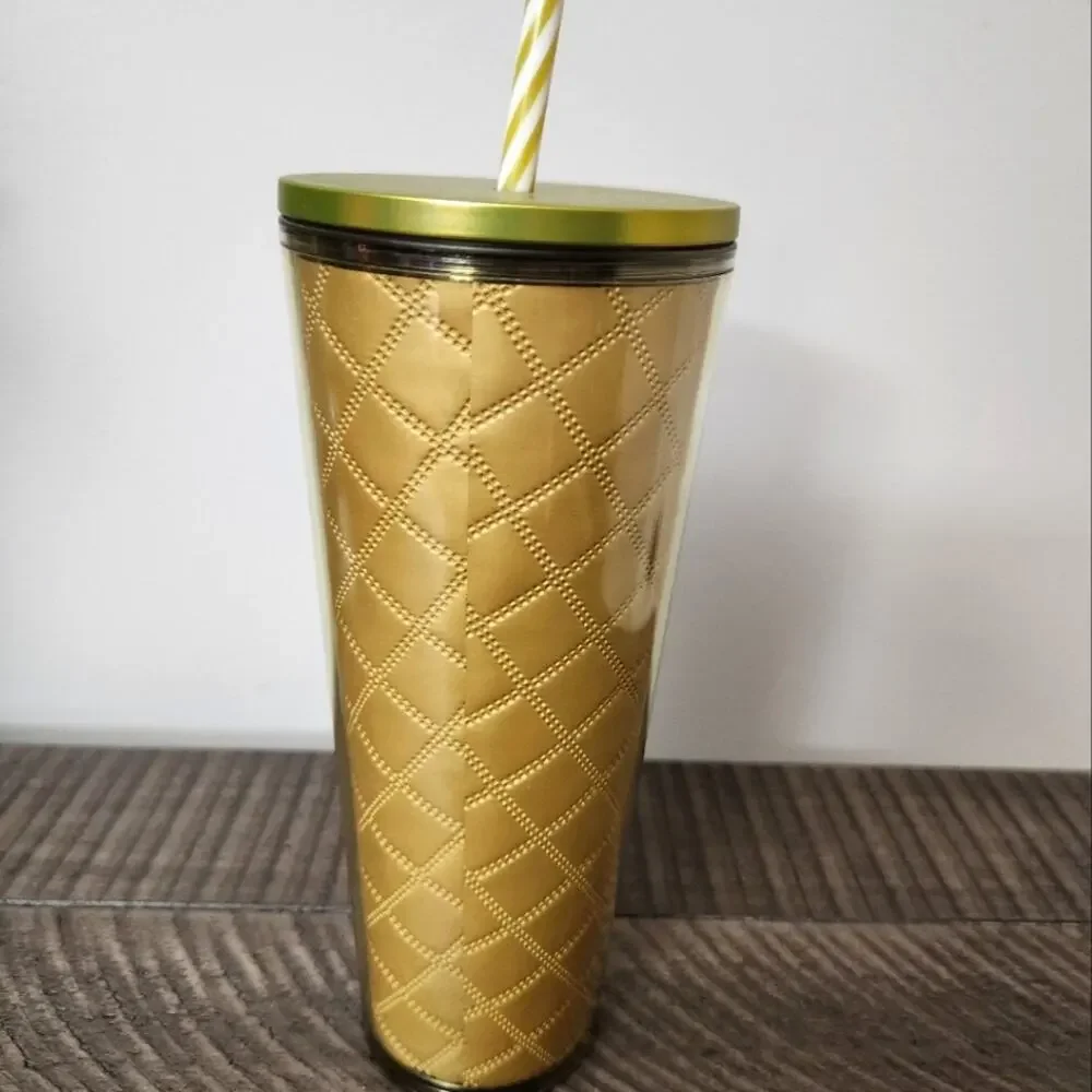 NWT GOLD Quilted STARBUCKS TUMBLER Cup with lid straw 24 oz